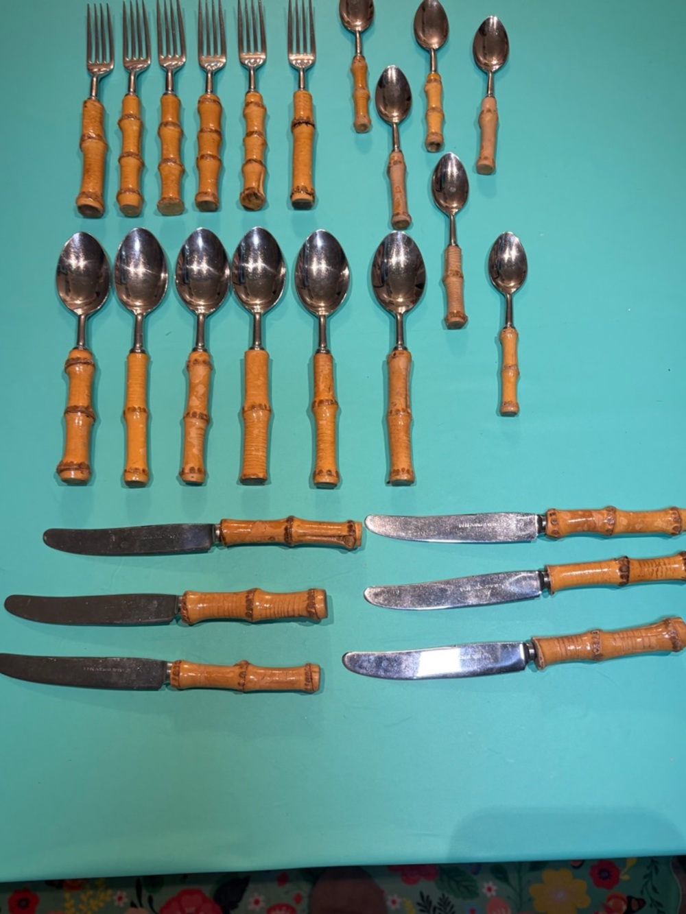 VINTAGE MCM  AUTHENTIC BAMBOO HANDLE TIKI FLATWARE STAINLESS STEEL JAPAN 24 pcs